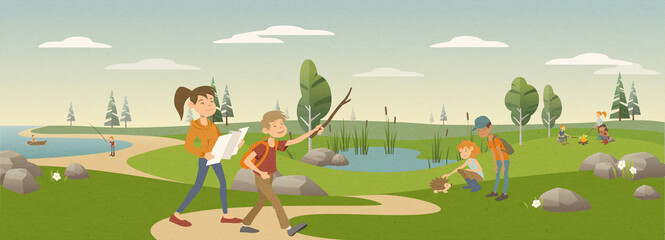 Cute vector illustration of a beautiful landscape with trees, meadows, an ocean and a pond.