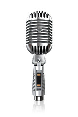 Fototapeta premium A silver microphone on a white background. Generative AI.