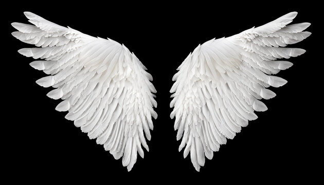 Isolated white angel wing black background realistic