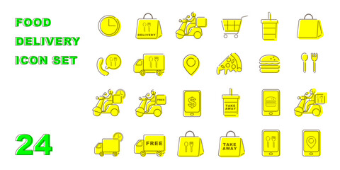 アプリでのファストフードや食べ物のデリバリーをバイクやトラックを使って配達に関するカラフルなアイコンセット