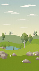 Cute vector illustration of a beautiful landscape with trees, meadows, an ocean and a pond.