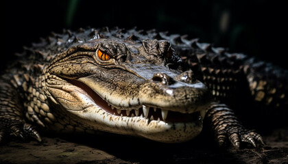 Fototapeta premium Furious crocodile threatens with open mouth in swamp generated by AI