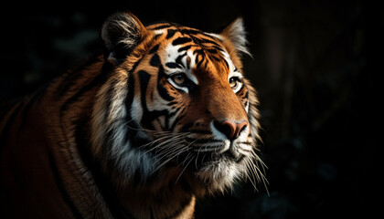 Bengal tiger staring, majestic and dangerous, in tropical rainforest generated by AI