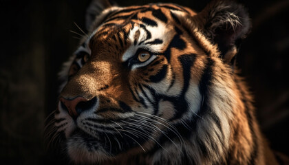 Fototapeta premium Bengal tiger staring fiercely, its striped fur a pattern of aggression generated by AI