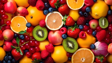 Assortment of vibrant and colorful fruit, strawberries, raspberries, oranges, grapes, kiwis, lemons, blueberries