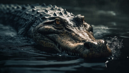 Crocodile resting in wet swamp, danger in close up animal teeth generated by AI - obrazy, fototapety, plakaty
