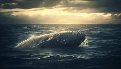 Fototapeta premium Majestic humpback whale tail splashing in idyllic tropical seascape generated by AI