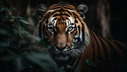 Bengal tiger staring, majestic beauty in nature tropical rainforest generated by AI