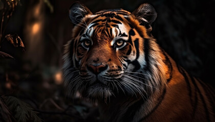 Fototapeta na wymiar Majestic Bengal tiger staring at camera in tropical rainforest generated by AI