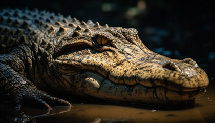 Obraz premium Large crocodile resting in swamp, its teeth and eye visible generated by AI
