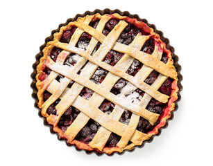 Baking dish with tasty cherry pie on white background