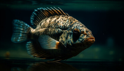Colorful striped fish swims in tropical reef, surrounded by sea life generated by AI