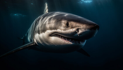 Naklejka premium Majestic dolphin swimming in deep blue sea, looking at camera generated by AI