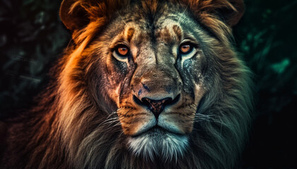Fototapeta premium Majestic lion staring at camera, fur and mane in focus generated by AI