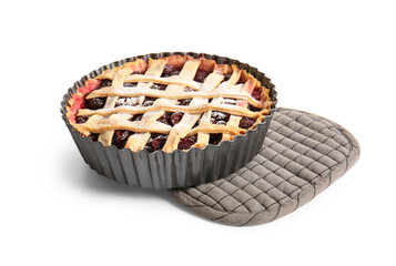 Baking dish with tasty cherry pie on white background