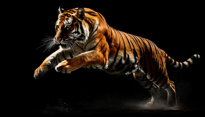Fototapeta na wymiar Bengal tiger walking staring, fierce, majestic, striped fur generated by AI