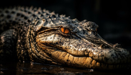 Obraz premium Large reptile resting in wetland, danger in animal teeth generated by AI