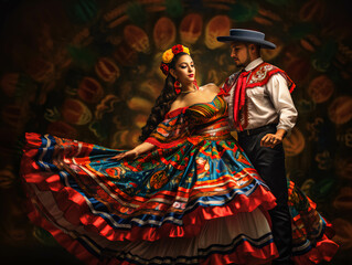 Pareja, bailarines, tradicional, colorido, folklore, latino, mexicano. ia generada