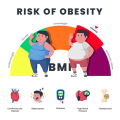 Risk of obesity of medical healthcare with fat big size man and woman with obesity and BMI meter health poster infographic for hospital or clinic doctor