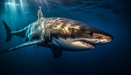 Fototapeta premium Majestic giant manta ray swimming in deep blue saltwater generated by AI
