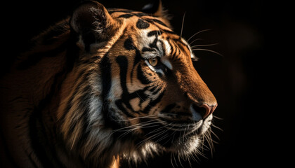 Obraz premium Majestic Bengal tiger staring with aggression, black patterned fur, close up generated by AI