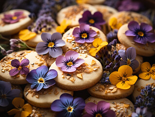 Obraz na płótnie Canvas A bunch of cookies with flowers on top of them. Generative AI. Edible flower decorations.