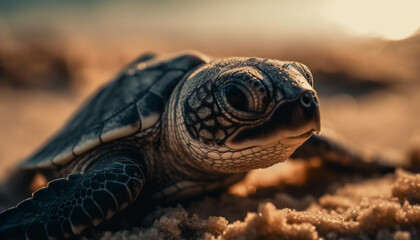 Obraz premium Cute turtle crawling on sand, focus on shell and head generated by AI