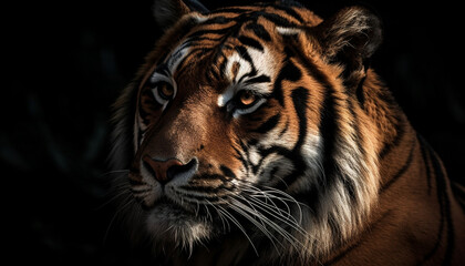 Fototapeta premium Majestic Bengal tiger staring with aggression in tropical rainforest generated by AI