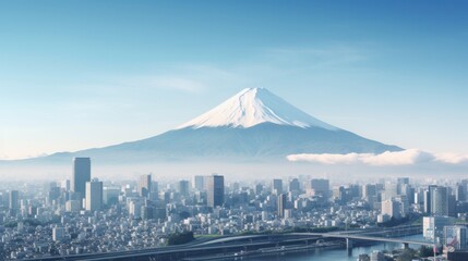 Aerial view of tokyo cityscape with fuji mountain in japan.