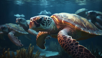 Fototapeta premium Multi colored sea turtle swims in idyllic underwater environment generated by AI