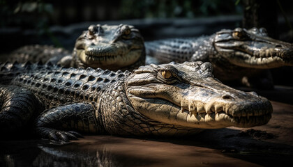 Fototapeta premium Large reptile in the wild, with dangerous teeth and aggression generated by AI