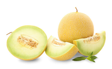Half of sweet melon with pieces and mint on white background
