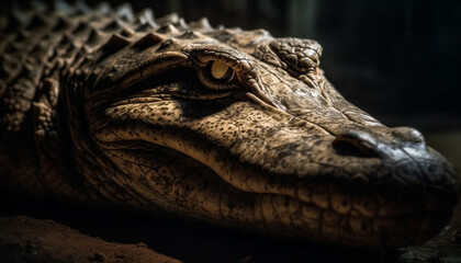 Poisonous crocodile fierce eyes and teeth in close up portrait generated by AI