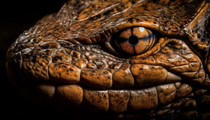 Fototapeta premium Animal skin pattern on reptile head, focus on foreground generated by AI