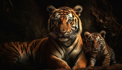 Fototapeta premium Majestic Bengal tiger staring at camera in tropical rainforest generated by AI