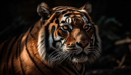 Close up portrait of majestic Bengal tiger staring with intense aggression generated by AI