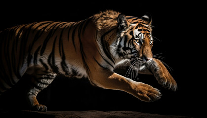 Fototapeta na wymiar Bengal tiger staring fiercely, its striped fur a majestic beauty generated by AI