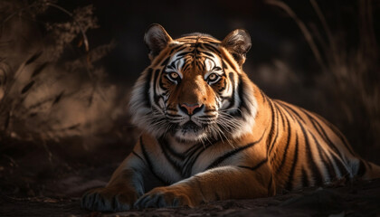 Majestic tiger staring with aggression in tropical rainforest portrait generated by AI