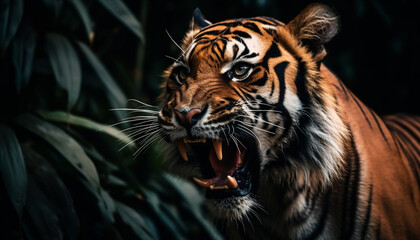 Fototapeta premium Bengal tiger staring fiercely, teeth bared, in tropical rainforest generated by AI