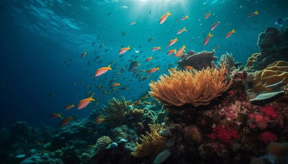 Naklejka na ściany i meble Multi colored fish swim in tropical reef, below blue water generated by AI