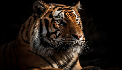 Naklejka premium Majestic Bengal tiger staring with aggression, beauty in nature pattern generated by AI