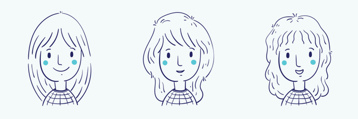 Hand drawn set of girl faces, cute and fun cartoon doodle style