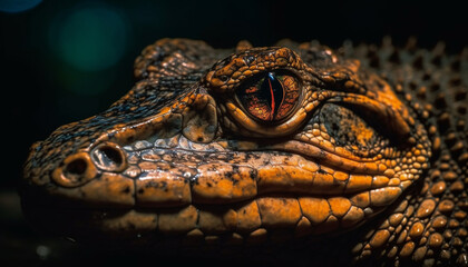 Fototapeta premium Poisonous reptile yellow scales patterned in the dark swamp water generated by AI