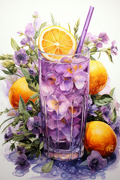A painting of a glass of water with oranges and purple flowers. Generative AI.