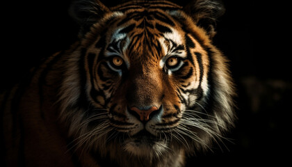 Fototapeta na wymiar Close up portrait of majestic Bengal tiger staring fiercely outdoors generated by AI
