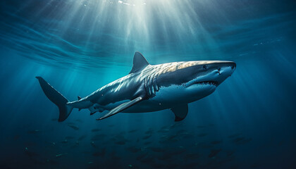 Obraz premium Majestic dolphin swimming close up in blue saltwater, surrounded by reef generated by AI