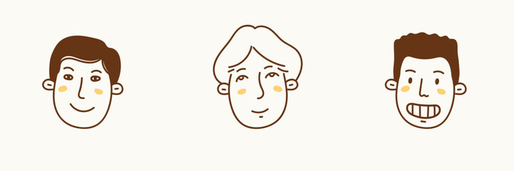 Hand drawn set of boy faces, cute and fun cartoon doodle style