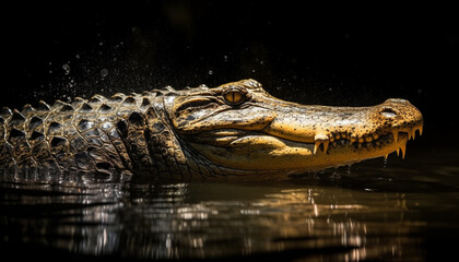 Fototapeta premium Large crocodile in the wild, with dangerous teeth and aggression generated by AI