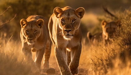 Majestic lioness and her cub walking in the African savannah generated by AI - obrazy, fototapety, plakaty
