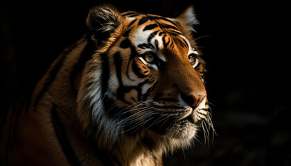 Fototapeta na wymiar Endangered Bengal tiger staring with aggression in tropical rainforest portrait generated by AI